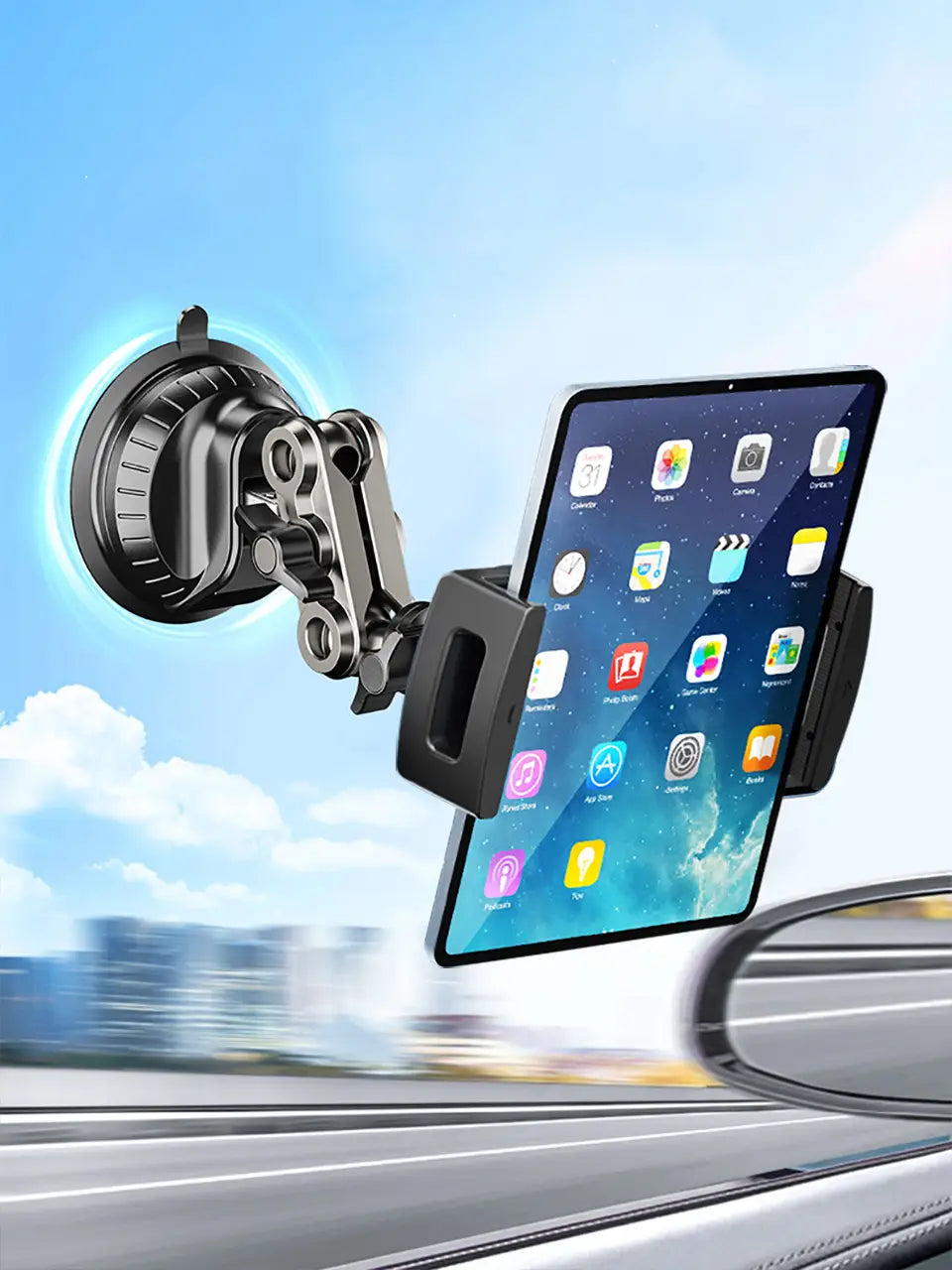 black tablet holder with adjustable suction cup arm mounted on windshield holding a tablet of similar size