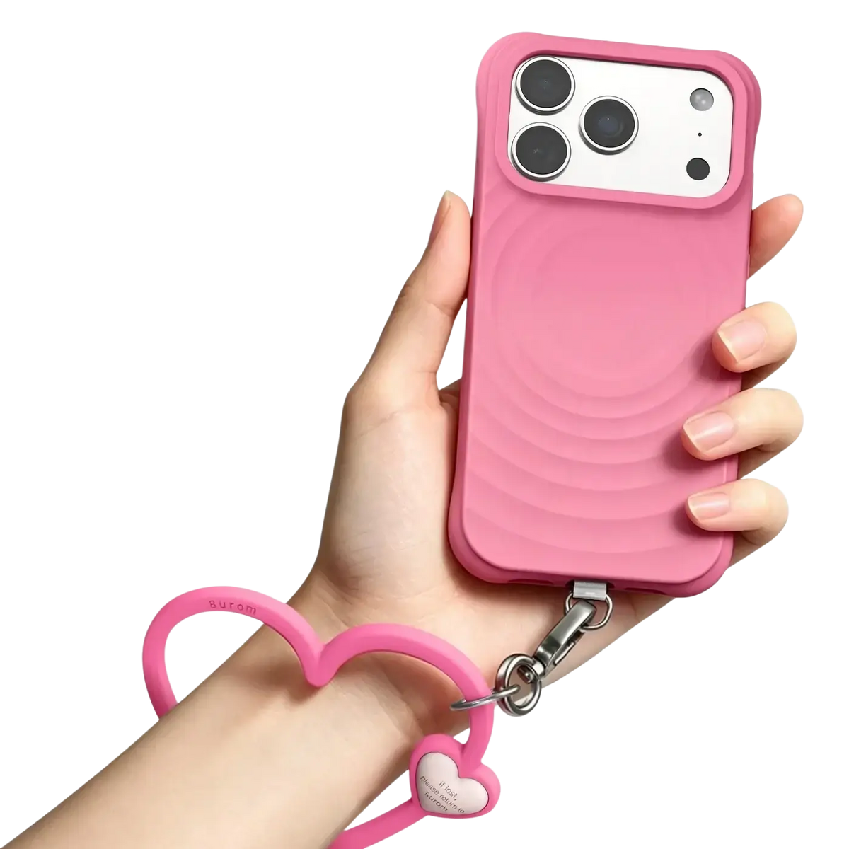 Pink silicone phone case with heart-shaped wrist strap shown from front for ins phone wrist use
