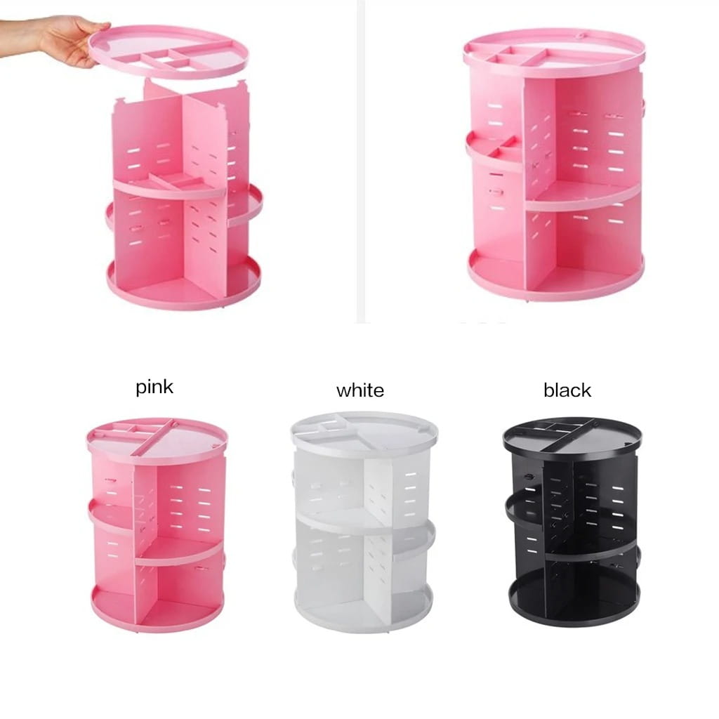 Organisateur de maquillage tournant en plastique rose à trois niveaux, avec séparateurs à fentes, pour un stockage cosmétique à 360 degrés.