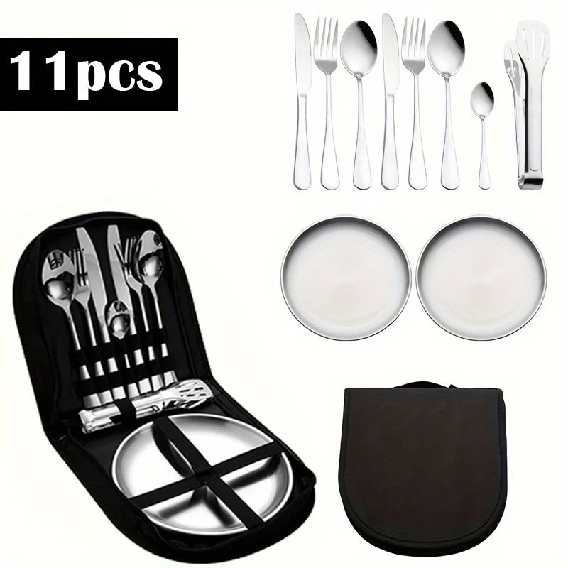 11pcs Stainless Steel Camping Cutlery Set Lightweight Outdoor Dining Tools Including Plates Forks Spoons for Hiking Travel
