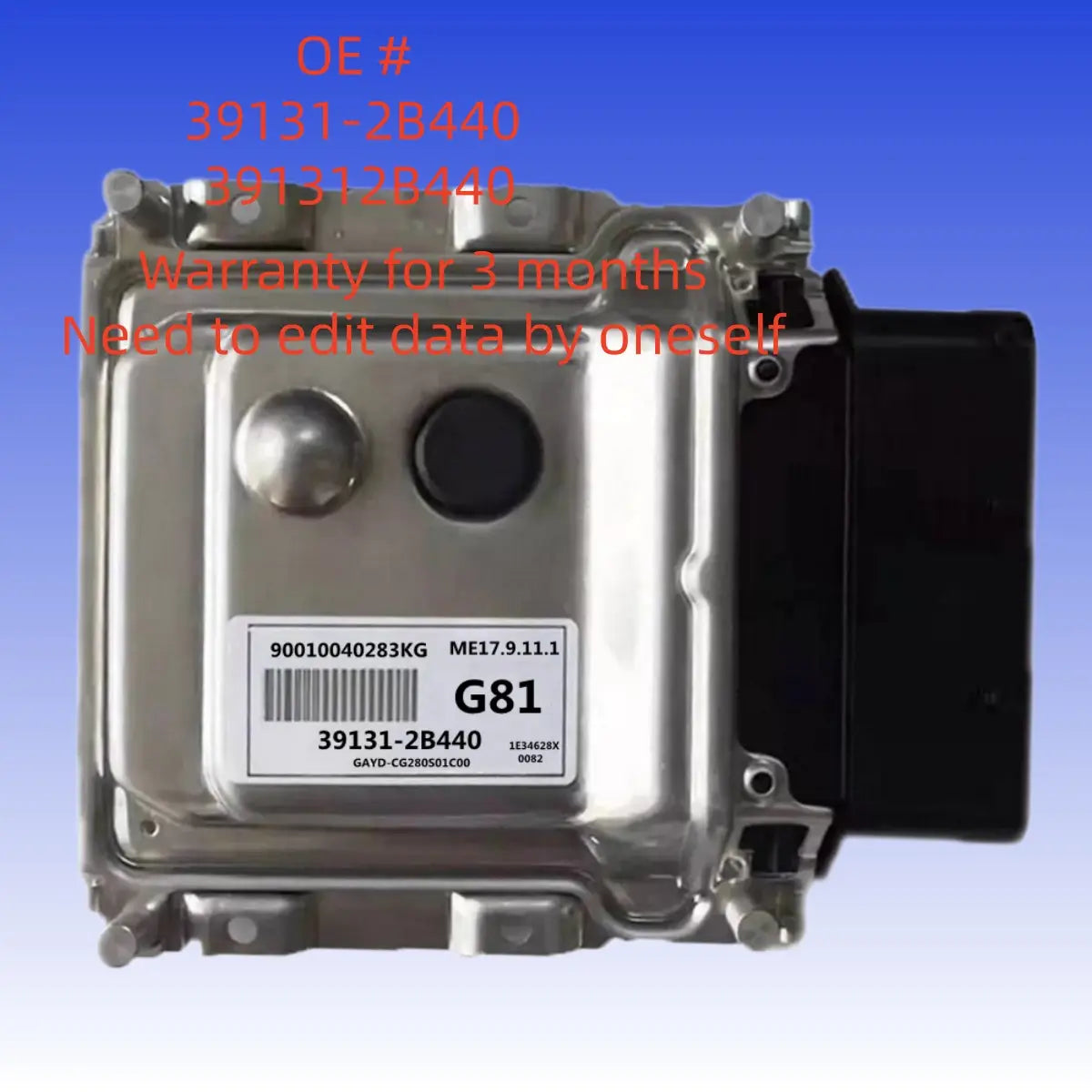 Silberne Metall-Hyundai-ECU-Motorsteuergerät-Platine mit schwarzem rechteckigem Anschluss und zwei runden Anschlüssen, die mit der Teilenummer 39131-2b440 gekennzeichnet sind, in Seitenansicht dargestellt.