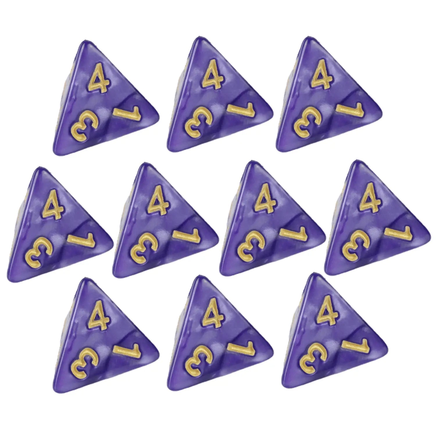 Set aus zehn durchsichtigen violetten Marmord4-Würfeln mit goldfarbenen Ziffern für Tischspiele und Brettspiele.