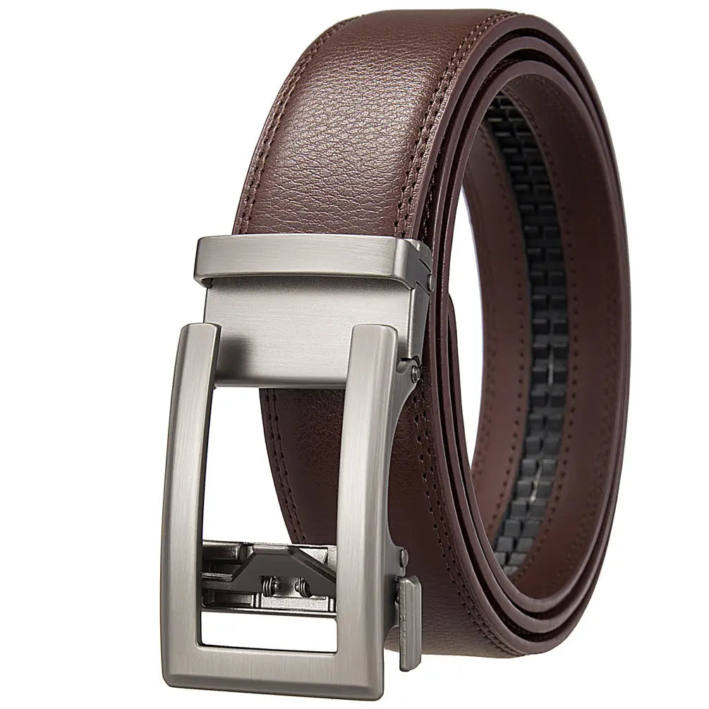 Mens automatic leather belt with a brown leather strap and a sleek silver toned automatic buckle for formal use.