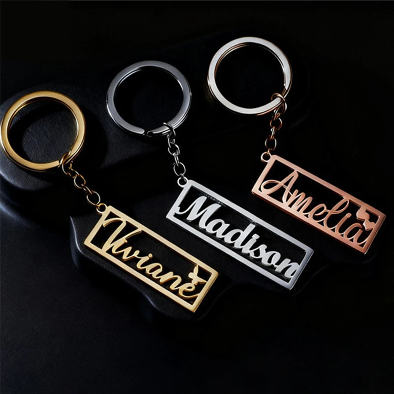 Personalized Name Letter Keychains Stainless Steel Custom Hollow Nameplate Square Pendant Key Ring Gift for Boyfriend Girlfriend