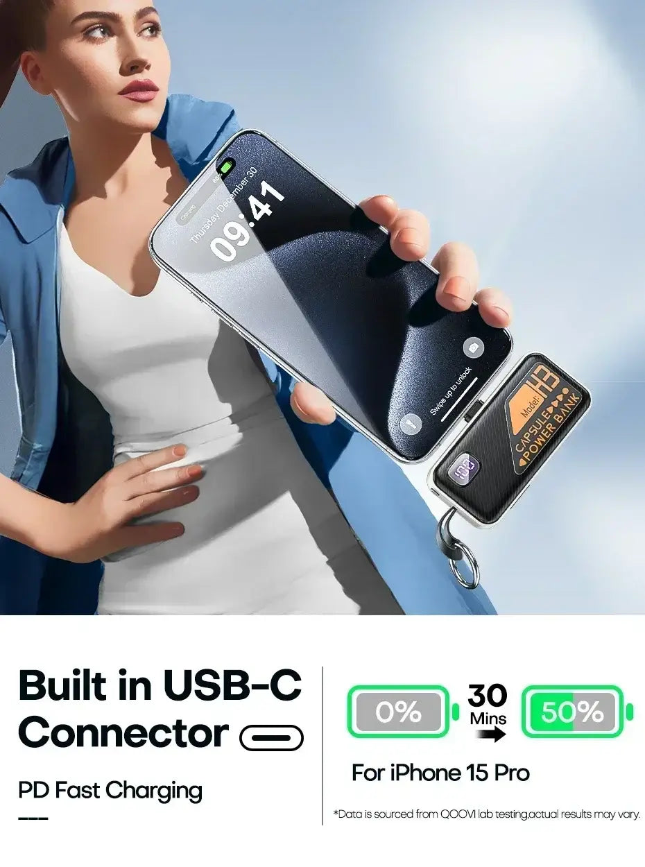 Black rectangular portable power bank with usb-c port and digital display showing battery percentage designed for iphone 15 pro fast charger with 5000mah capacity.