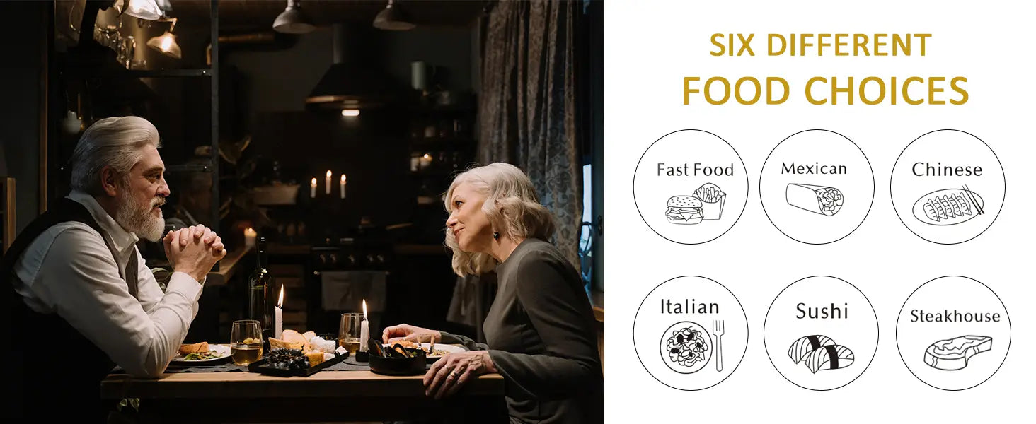 The image shows an elderly couple dining by candlelight alongside six colorful circular icons illustrating fast food options for the stainless steel food decision dice designed for couples date night.
