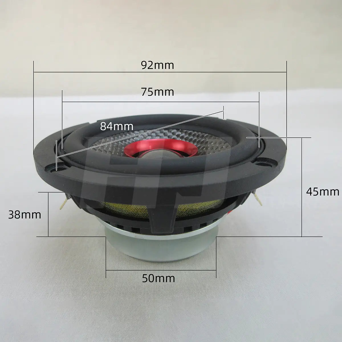 Black and red 3.5 inch car coaxial speaker 200w qp353f with textured grille metallic cone center and mounting holes.