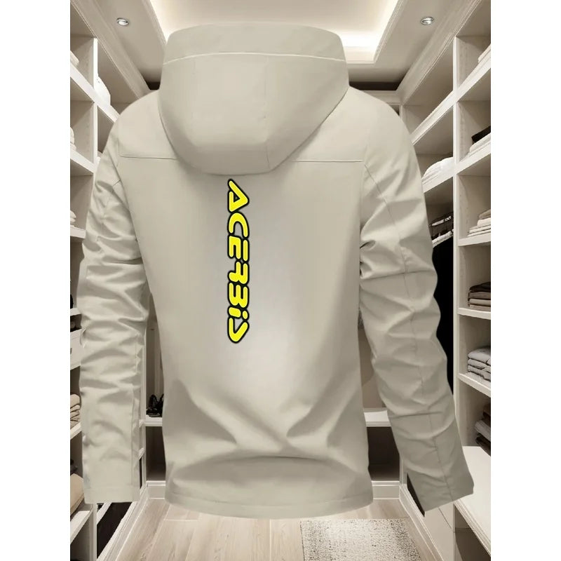 Men's off-road motorcycle style hooded jacket with BIS bright yellow logo print, windproof and multifunctional casual jacket
