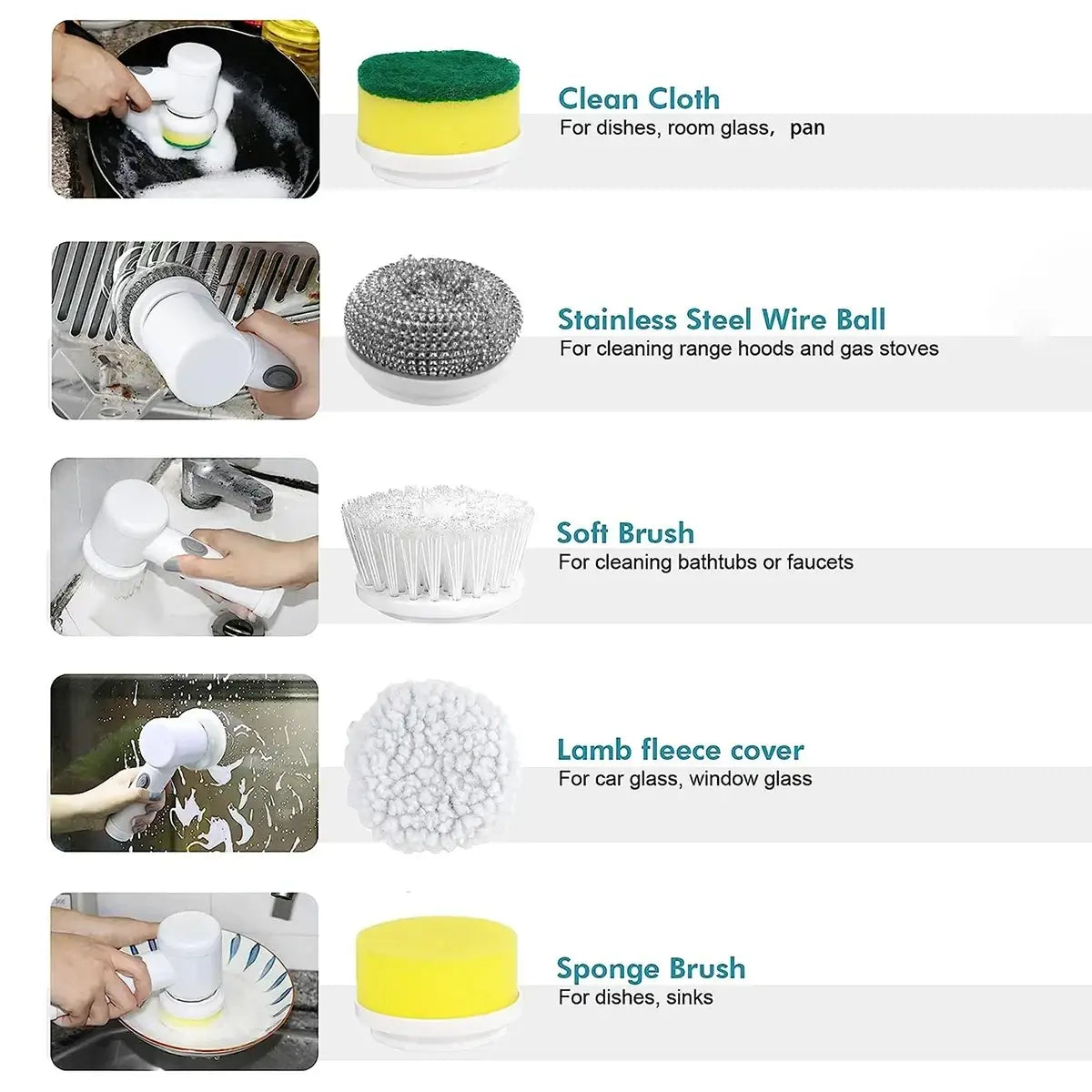 White plastic handle with interchangeable cleaning heads for dishes sinks and glass surfaces front view electric spin scrubber replacement brush heads kit