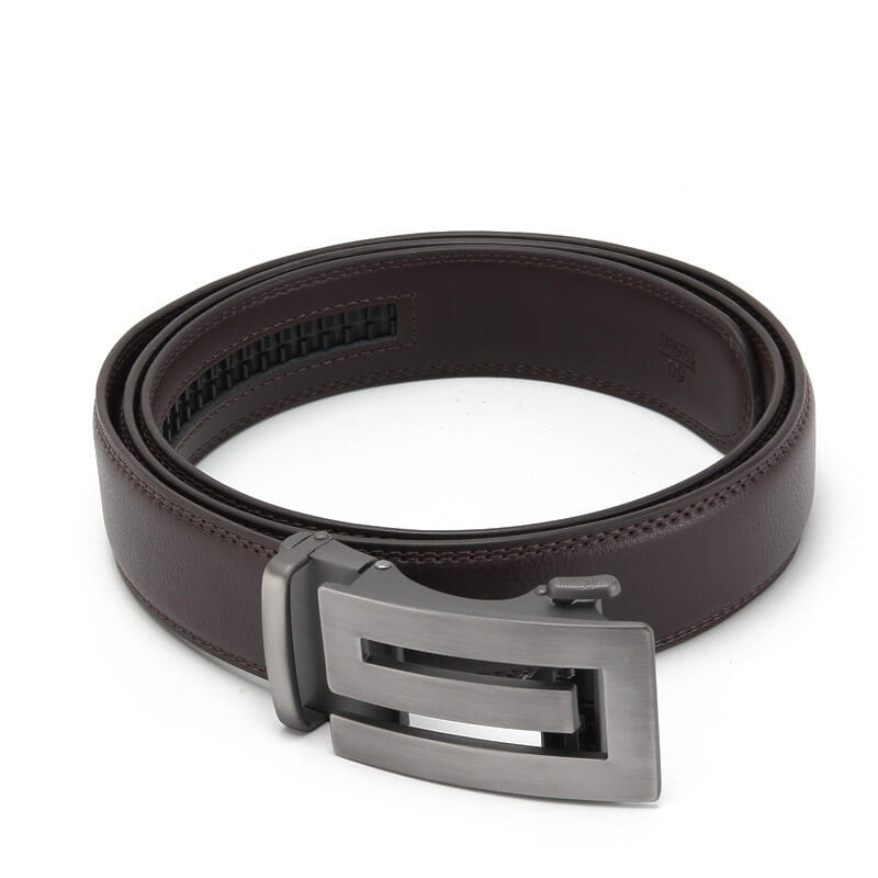 Ceinture automatique en cuir pour homme en cuir marron, avec une boucle automatique élégante à finition argentée
