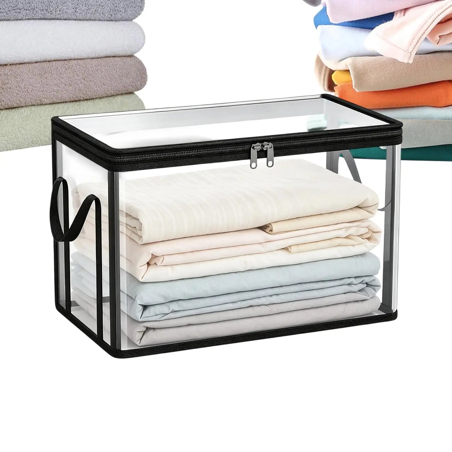 bacs de rangement empilables en PVC transparent rectangulaires en plastique transparent, avec bordure noire et poignées, ainsi qu’un couvercle transparent fixé par des fermetures éclair argentées, conçus pour simplifier l’organisation et le rangement.