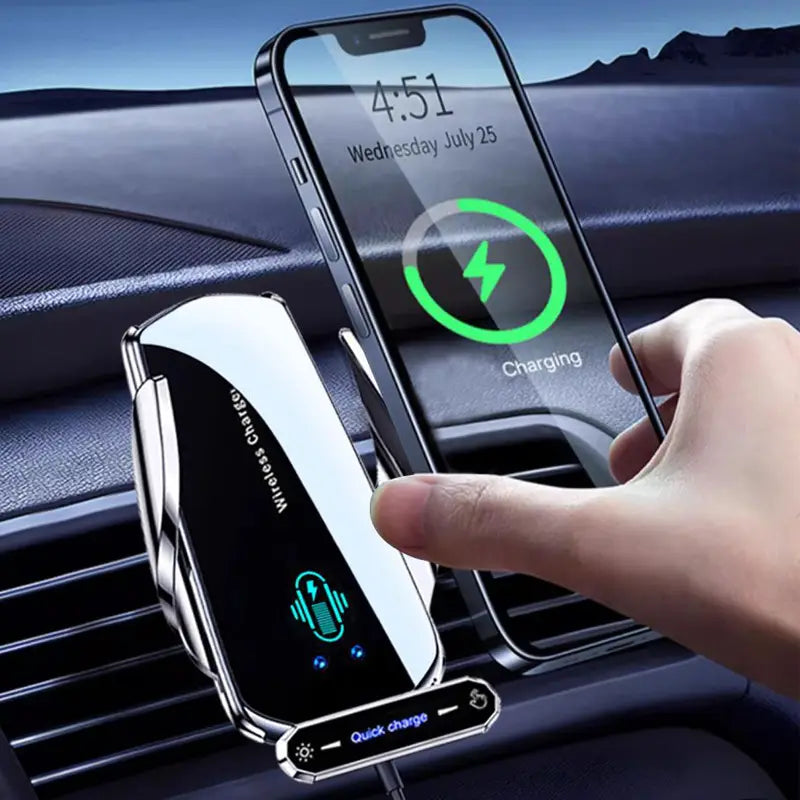 Auto clamping wireless car charger phone mount in silver and black with a sleek modern design for quick wireless charging while mounted in a car.