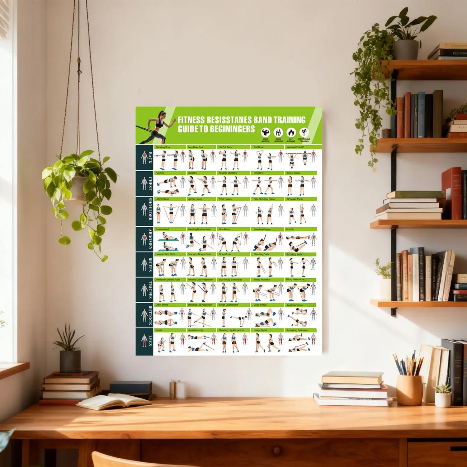 green and white fitness resistance band workout poster displaying a beginner training guide for effective strength exercises.