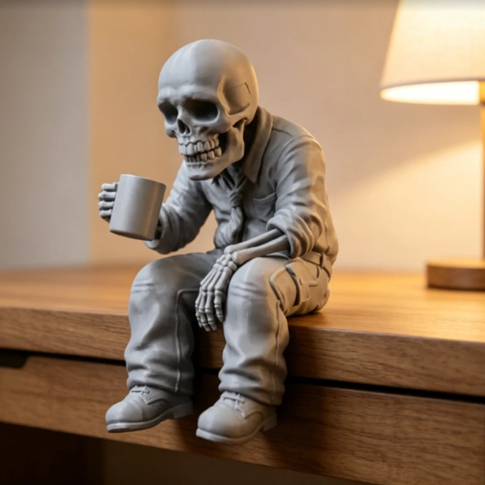 Seated Eerie Office Worker Skeleton Figurine 3D Printed Coffee Drinking Skull Desk Ornament for Humorous Home Office Decor Gifts