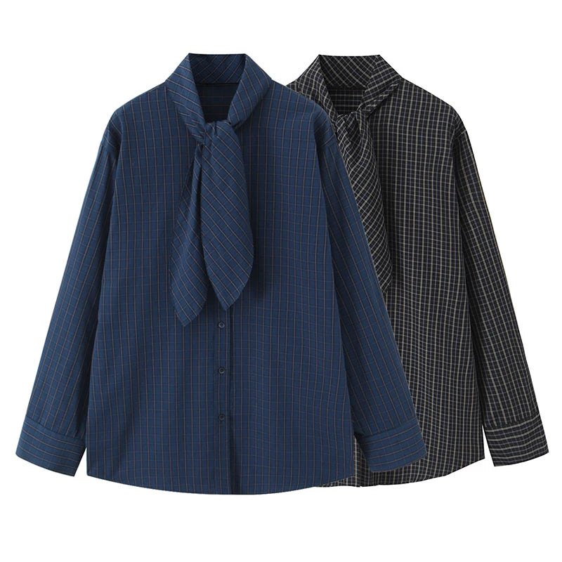 Chic Fashion Check Shirts for Women 2026 New Long Sleeve Scarf Collar Women's Casual Loose Simple Style Shirt And Blouse Tops