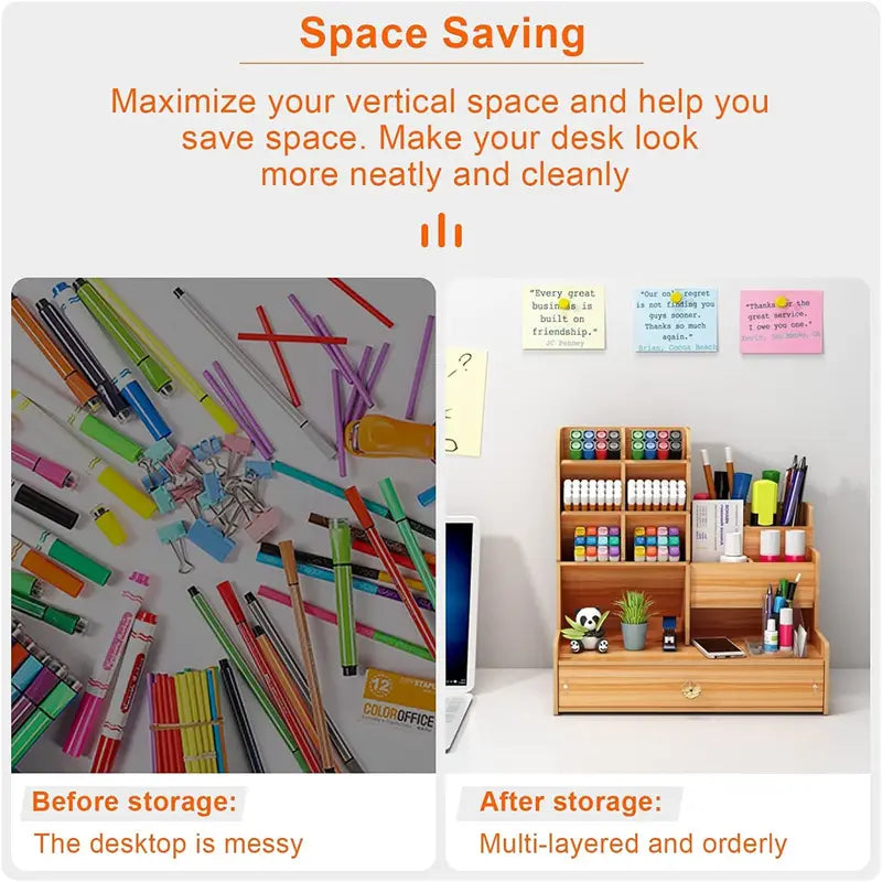 Wooden desk organizer with drawer featuring a multi-layered design and compartments holding pens, markers, and small office supplies.