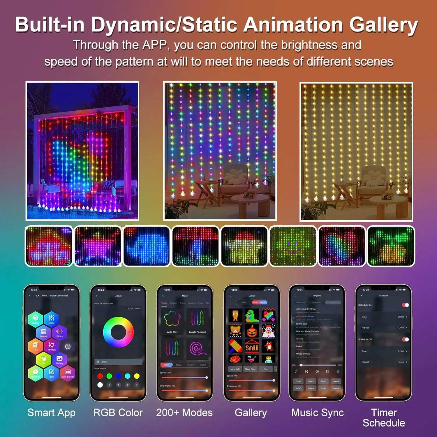 Smartes LED-Vorhanglicht RGB, per App gesteuert, für DIY-Weihnachtsdekoration; mit farbenfrohem LED-Vorhang, dynamischen Animationsmustern, anpassbarer RGB-Beleuchtung, mehreren Anzeigemodi sowie EMV-, ROHS- und CE-Zertifizierung.