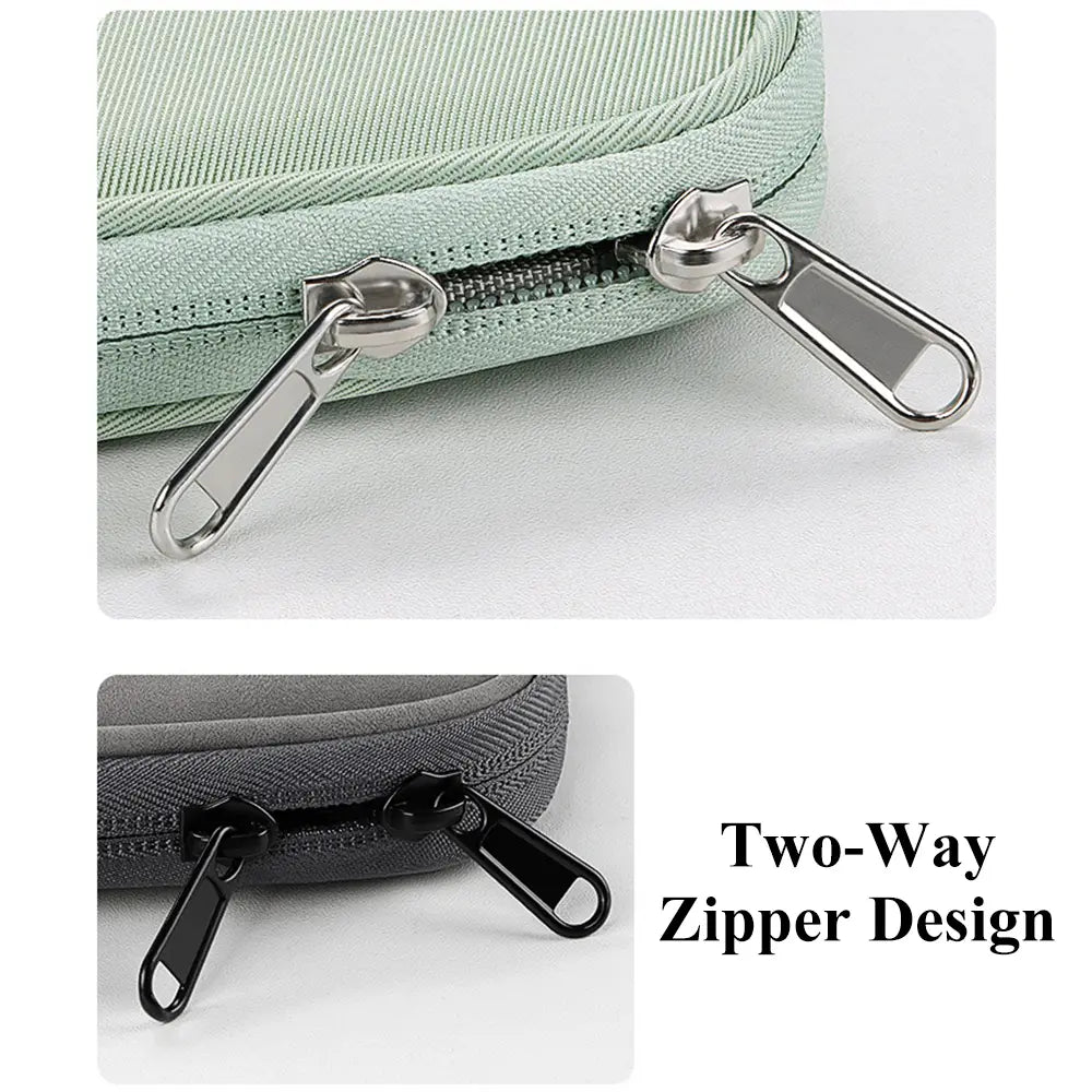 Light green and dark gray zippered pouches with metallic silver and black zipper pulls featuring a two-way design shown alongside a pink laptop sleeve 11 to 13 inch padded case.