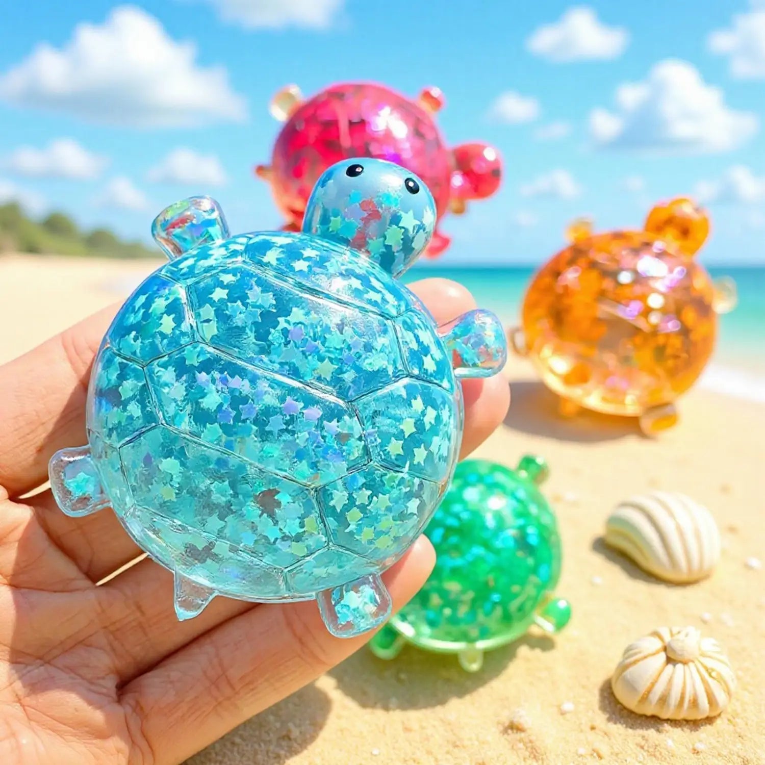 a translucent blue star-shaped glitter-filled sensory fidget squeeze toy in a turtle shape designed for stress relief.