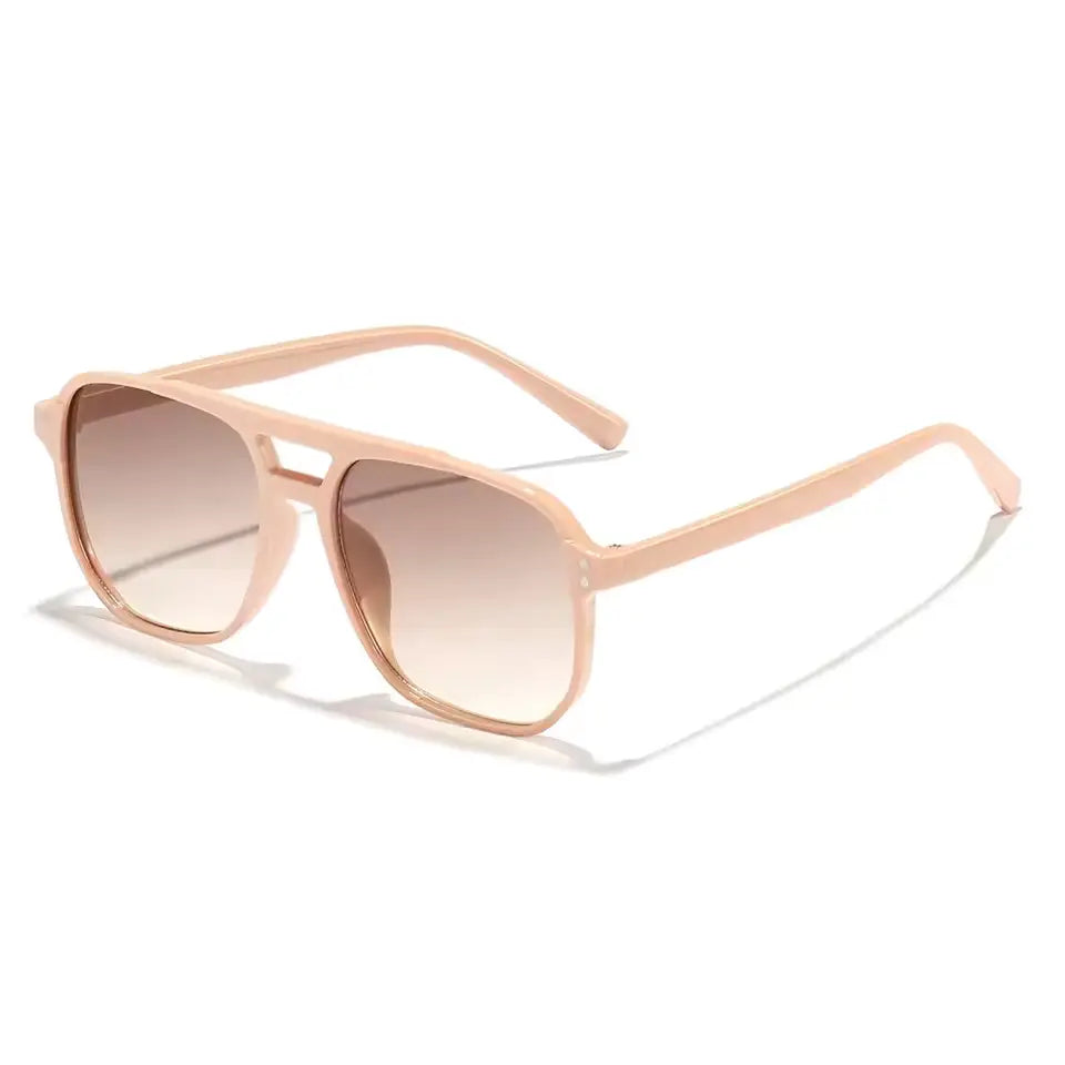 pastel pink aviator sunglasses with gradient brown lenses paired with vintage square sunglasses uv400 unisex black frame displayed in front.