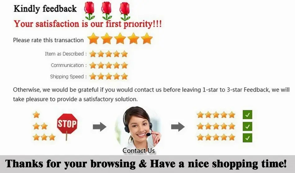 A smiling customer service representative wearing a headset and professional attire stands between a stop sign with a one-star rating and an arrow pointing to five stars in an image related to the Megir men canvas chronograph watch.