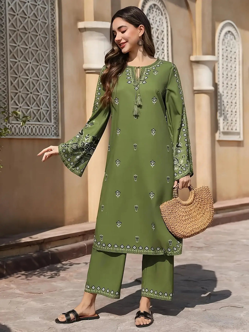 2pcs Boho Chic Ethnic Print Salwar Suit Lightweight Non-See-Through Ramadan Fashion with Flared Cuffs & Hem for Outdoor Events