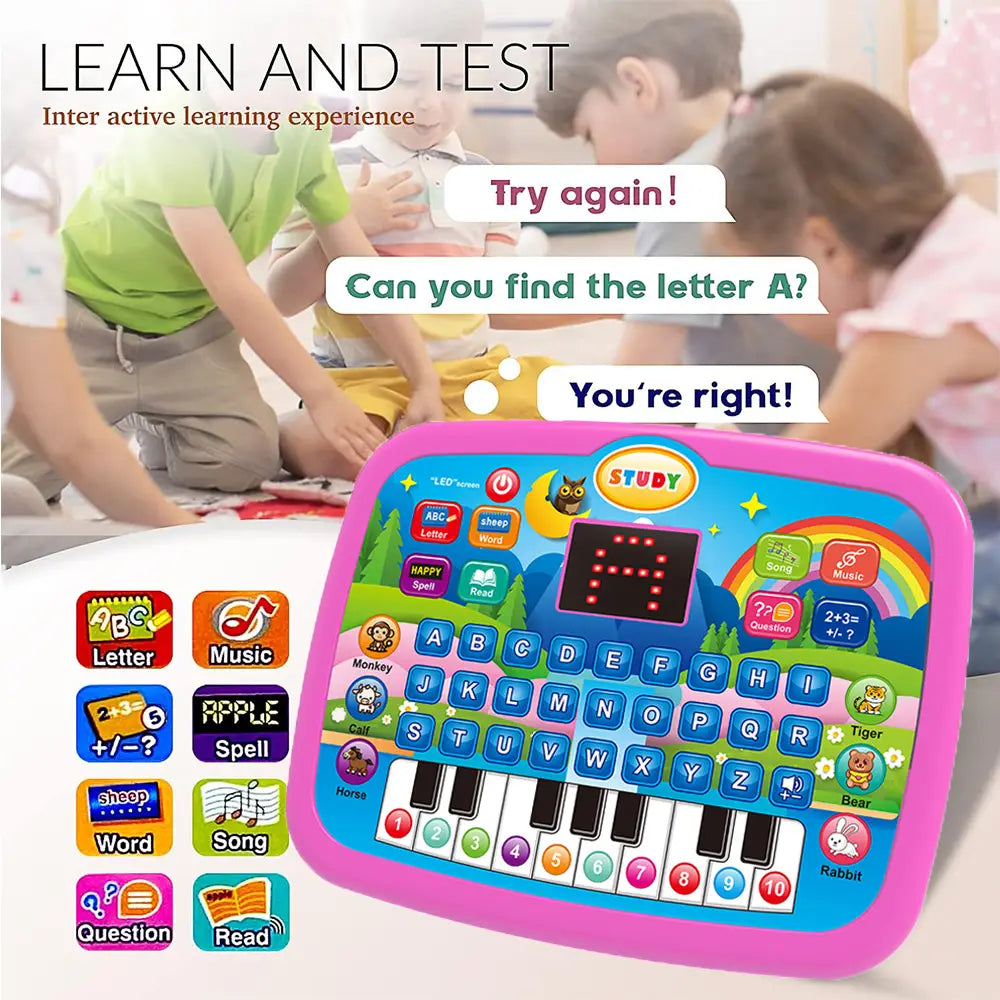 Rosa Kunststoff-Kinder-Bildungstablet-Spielzeug mit farbenfrohen Tasten, musikalischer Tastatur und LED-Bildschirm, auf dem Buchstaben zum Lernen angezeigt werden, zum Spielen.