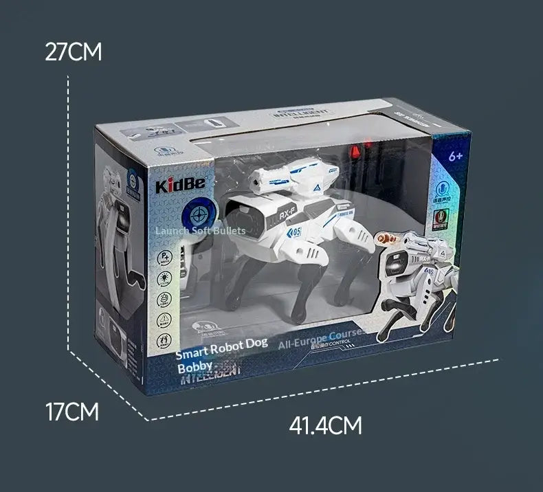 interactive robotic dog toy bobby in white and black featuring a kidbe smart robot design with voice control, laser sight, and soft bullet launcher.