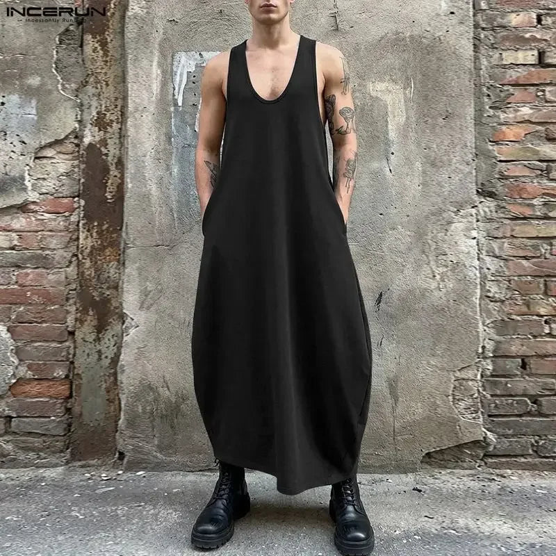 Men Long Style Tank Tops Solid Dresses O-neck Sleeveless Tops Men Clothes Loose Summer Fashion Men's Vests Streetwear INCERUN