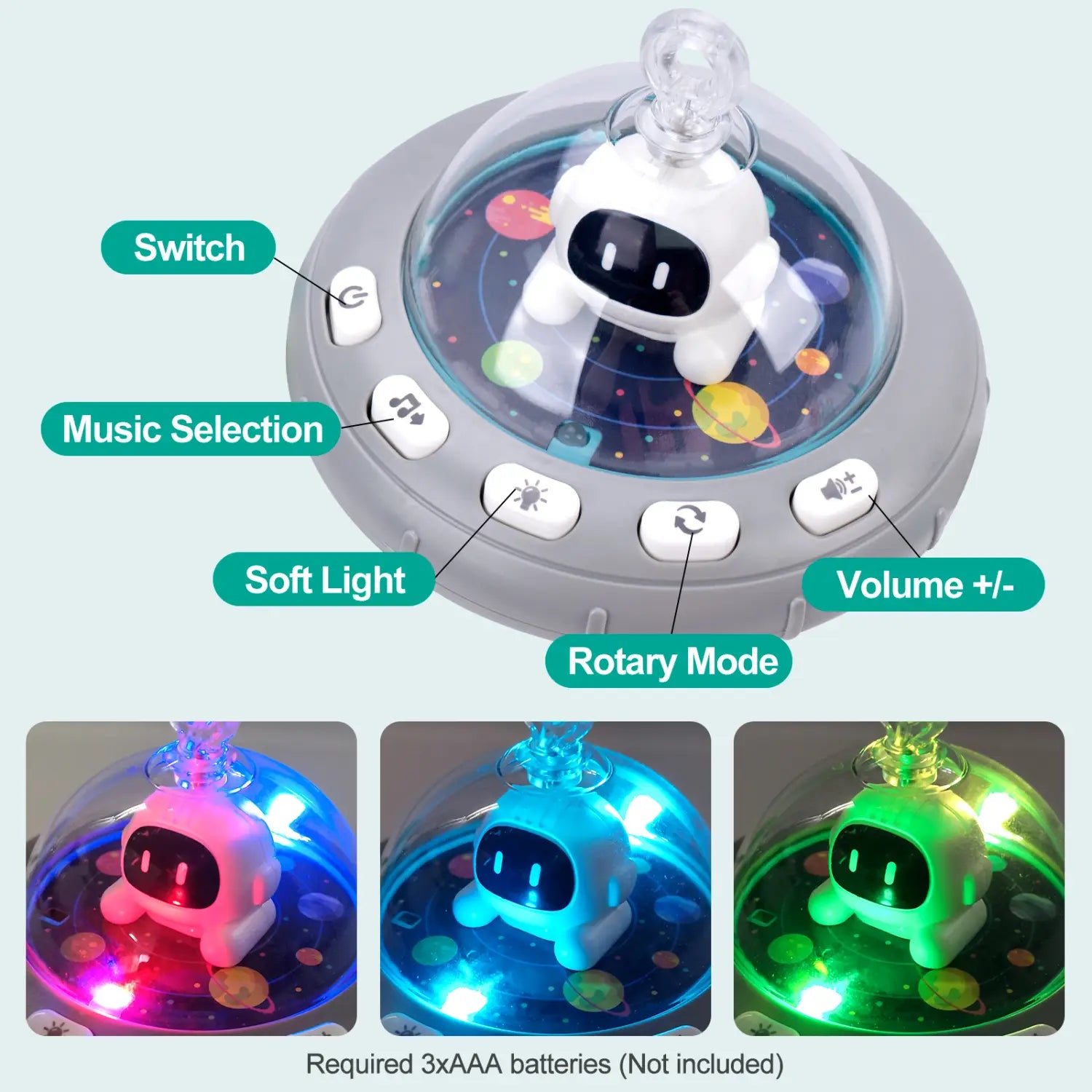 Un jouet blanc en forme de robot, avec une coupole transparente et des lampes LED colorées, conçu comme élément des jouets d’arche pour poussette de bébé du centre d’activités marin