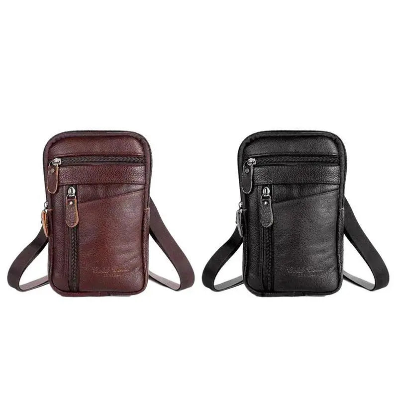 braune und schwarze Ledergürteltasche für Herren und Umhängetasche für das Mobiltelefon mit Reißverschlüssen und verstellbaren Riemen für ein komfortables Gürteltaschen-Erlebnis