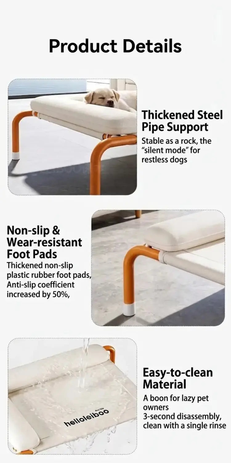 Elevated dog bed with white mesh cushioned pet bed supported by orange thickened steel pipe frame and non-slip plastic rubber foot pads.