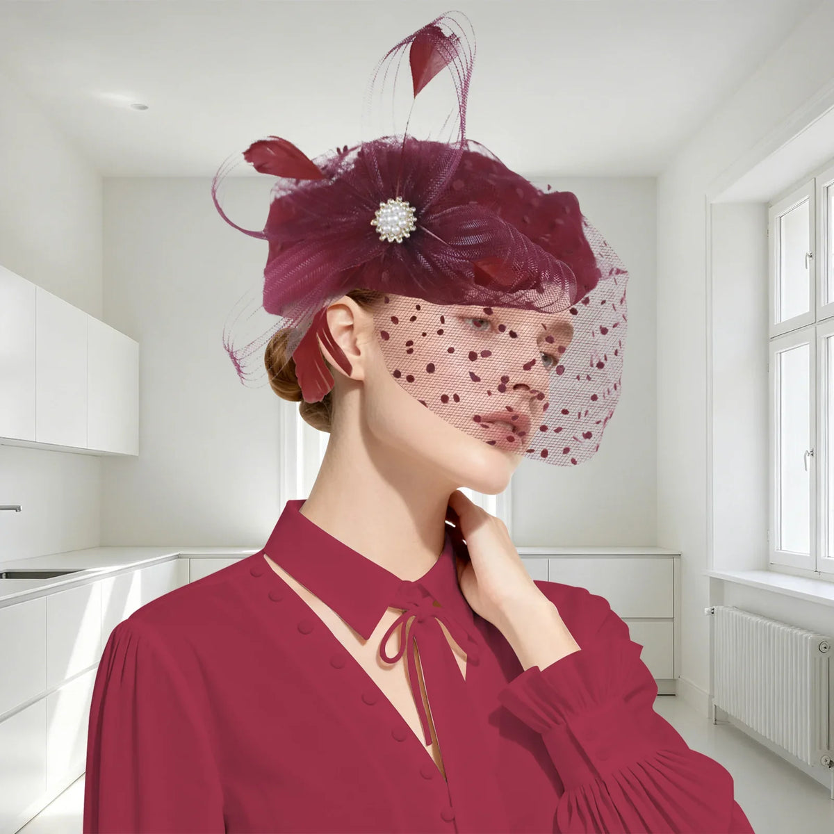 Women Bridal Fascinator with Feathers Dot Print Veil Elegant Pillbox Hats for Tea Party Wedding Church Fedoras Headscarf Bonnet
