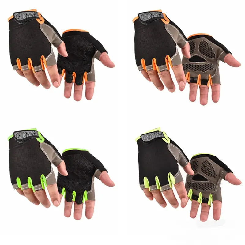 Guantes de ciclismo para entrenamiento físico en color negro y gris de media yema transpirables, mostrados por el lado trasero con detalles en naranja y verde neón y paneles de malla transpirable.