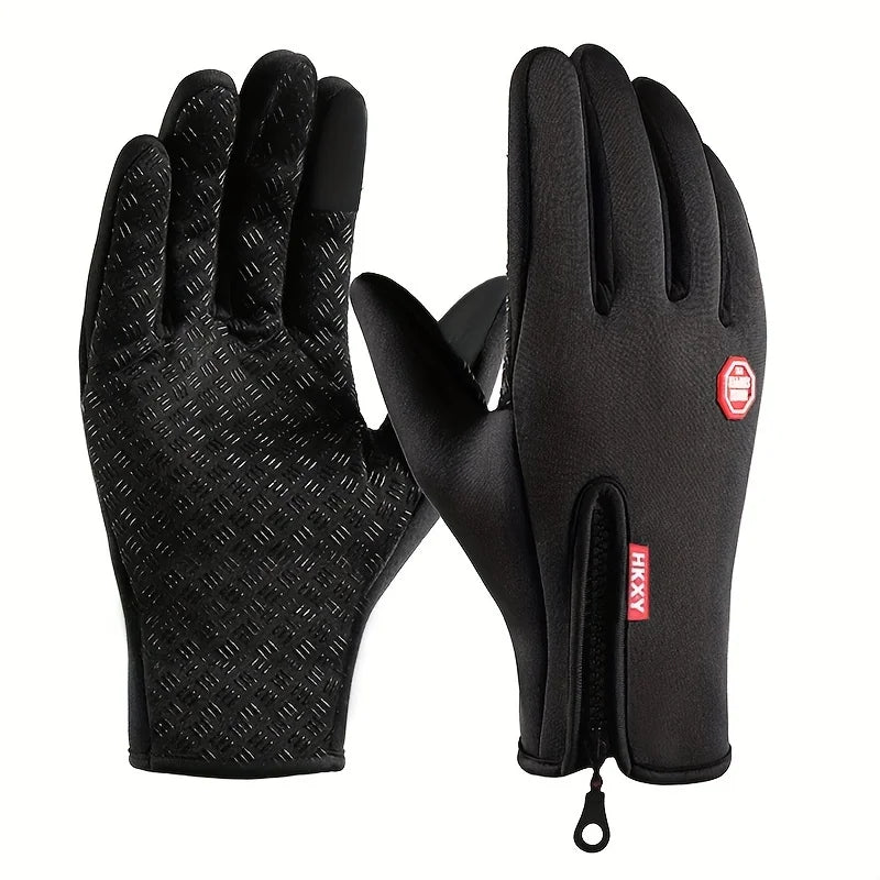 Black hikxy touchscreen winter cycling gloves with a textured grip pattern on the palm and a zippered wrist closure designed for cold weather use.