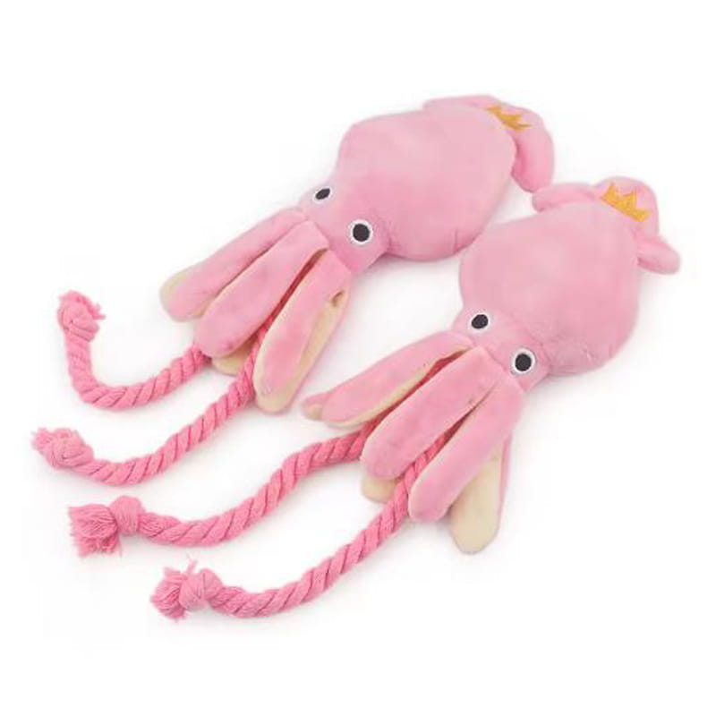pink plush octopus chew toys with rope tentacles and small yellow crowns designed as sound plush dog toys