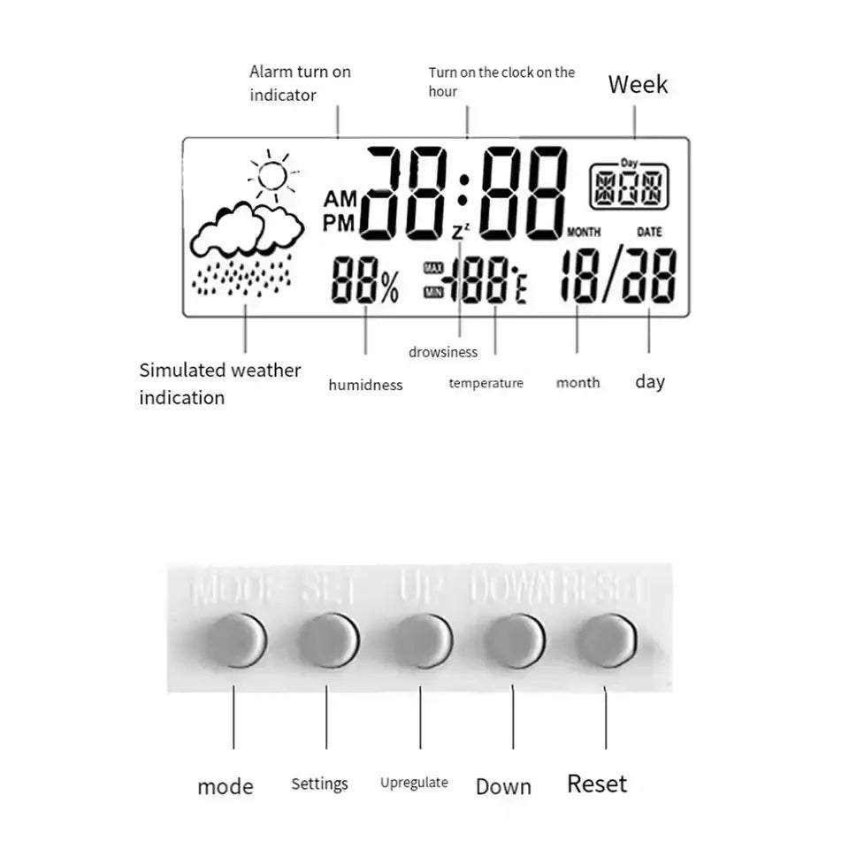 Digital weather desktop alarm clock with a white digital display showing time date weather and temperature readings.