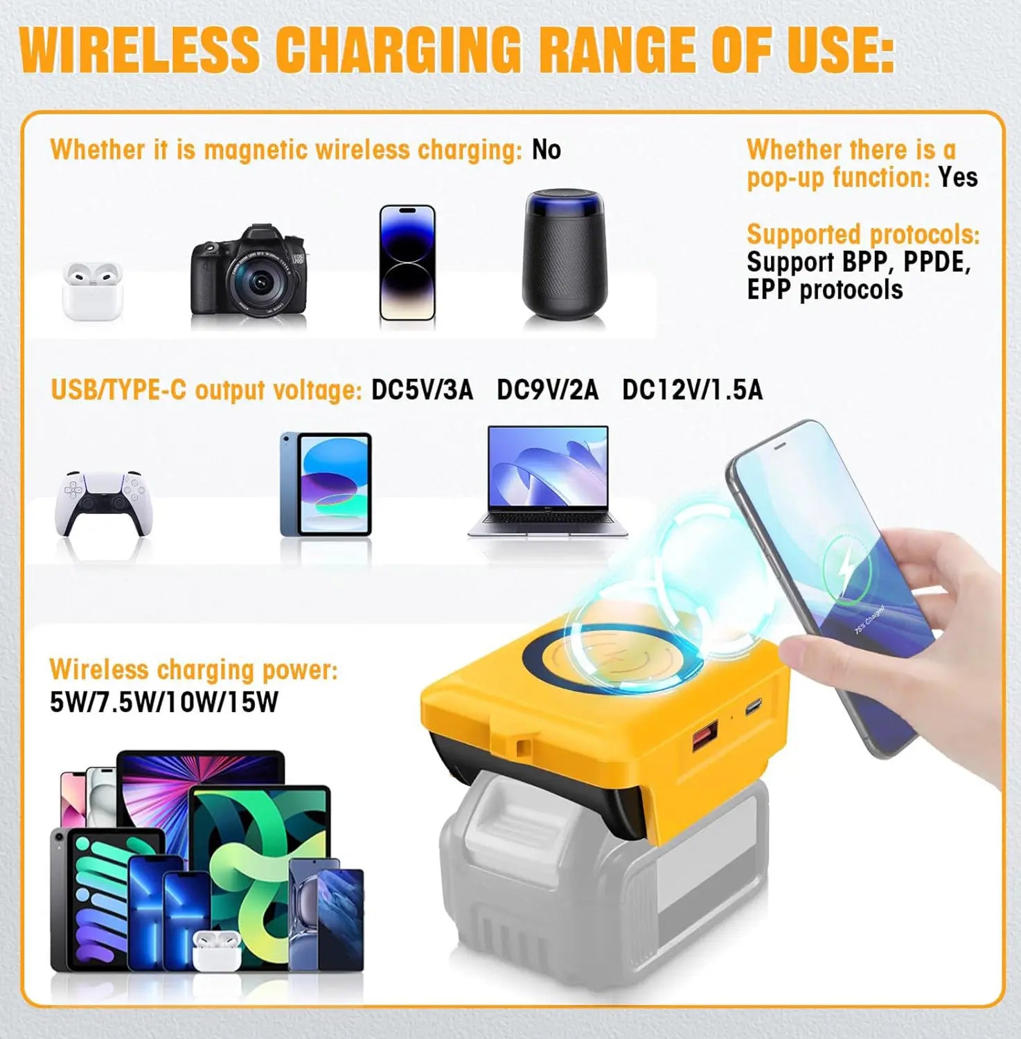 Banco de energía inalámbrico amarillo con almohadilla de carga inalámbrica emergente y puertos de salida USB-C, diseñado para baterías Makita, DeWalt y Milwaukee de 18 V, compatible con protocolo de carga rápida
