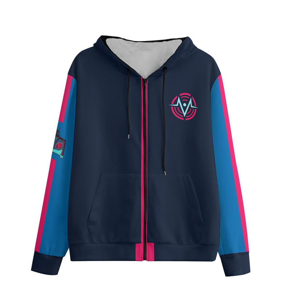 Sweat à capuche zippé d’anime Hazbin Hotel bleu marine avec des manches color-block rose vif et turquoise, un logo circulaire sur la poitrine et un écusson brodé sur la manche gauche.