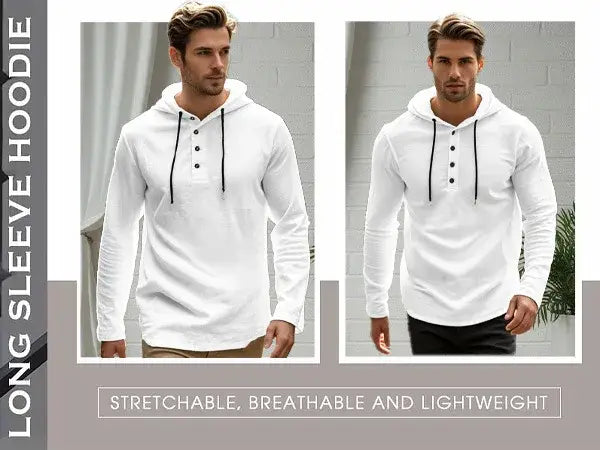 Men cotton linen hooded henley shirt in white featuring a long sleeve hoodie with black drawstrings and button accents.