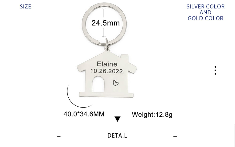 Personalized house keychain custom couple gift in silver and gold colors with engraved name elaine and date 10.26.2022 featuring a small heart design measuring 40.0mm by 34.6mm.