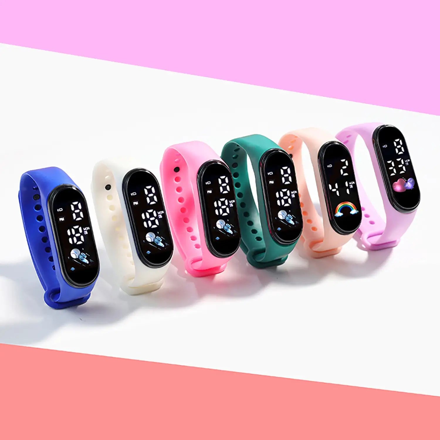 a row of kids led digital sports watches with waterproof silicone bands in vibrant colors including blue white pink green peach and purple featuring black rectangular digital displays showing time and date