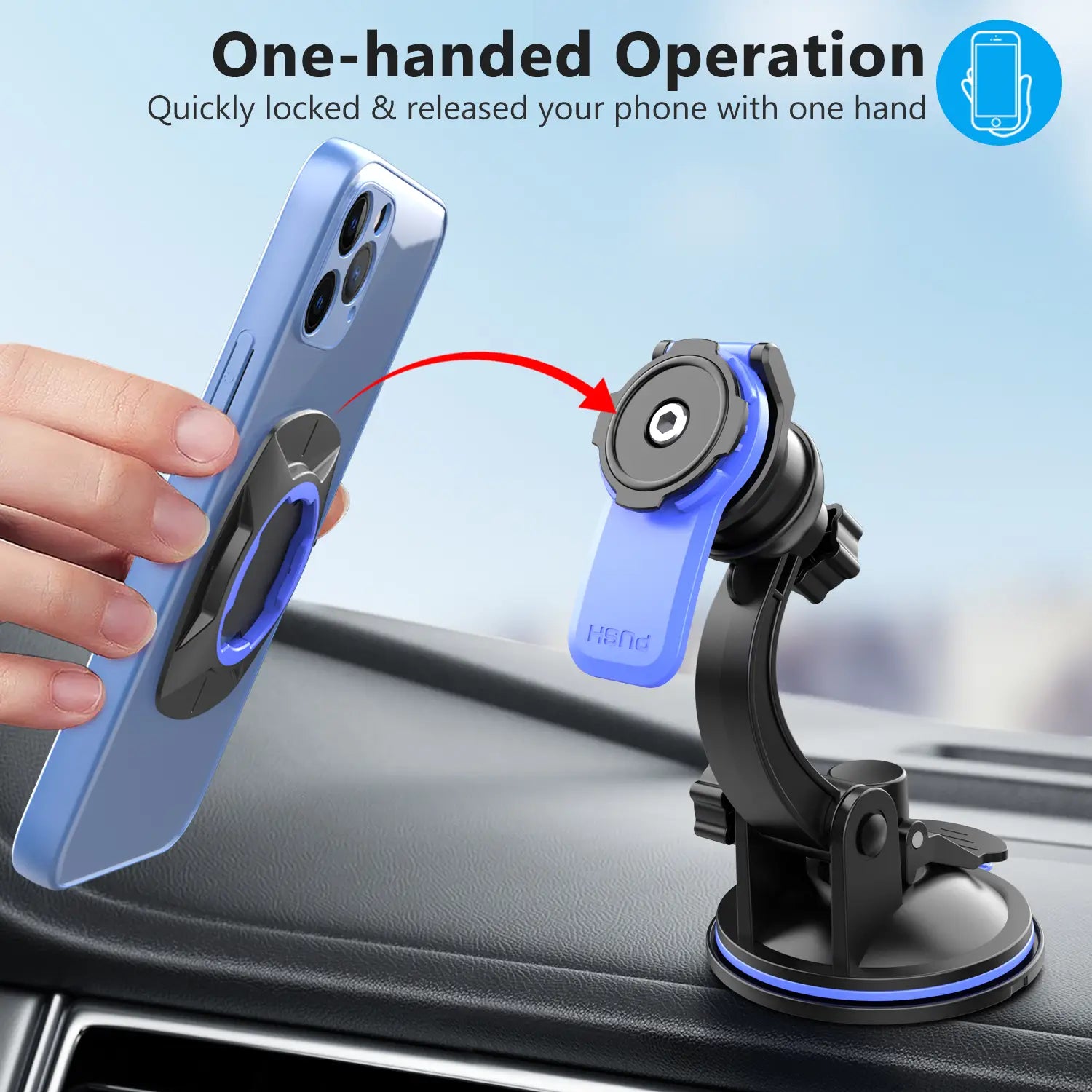 Blue and black one-handed car phone mount with 360 rotation and suction cup base for dashboard use.