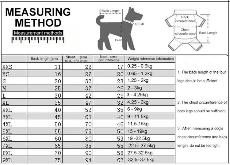 これは、ペット用のフリース素材の子犬ジャンプスーツ、チェック柄コート用の、サイズ測定ガイドラインおよび体重の基準情報を、白い背景に黒色の文字で示した犬用サイズチャートです。