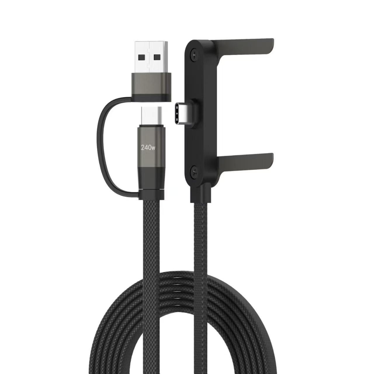 Câble de charge rapide USB-C vers Lightning tressé noir, avec pince magnétique intégrée et puissance de 240 W, présenté sous un angle frontal, avec fonction de support de téléphone.