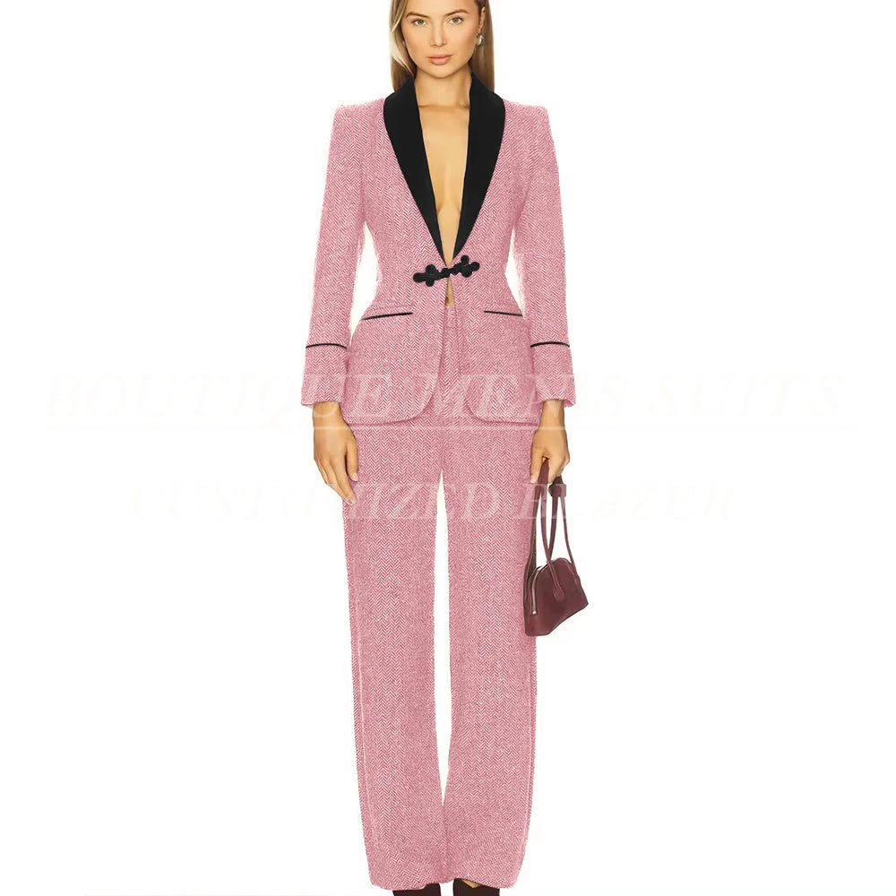 Formal Women's Suits Tweed Single Button Shawl Lapel Slim Fit 2 Piece Jacket Pants Luxury Office Lady Female Clothing Outfits