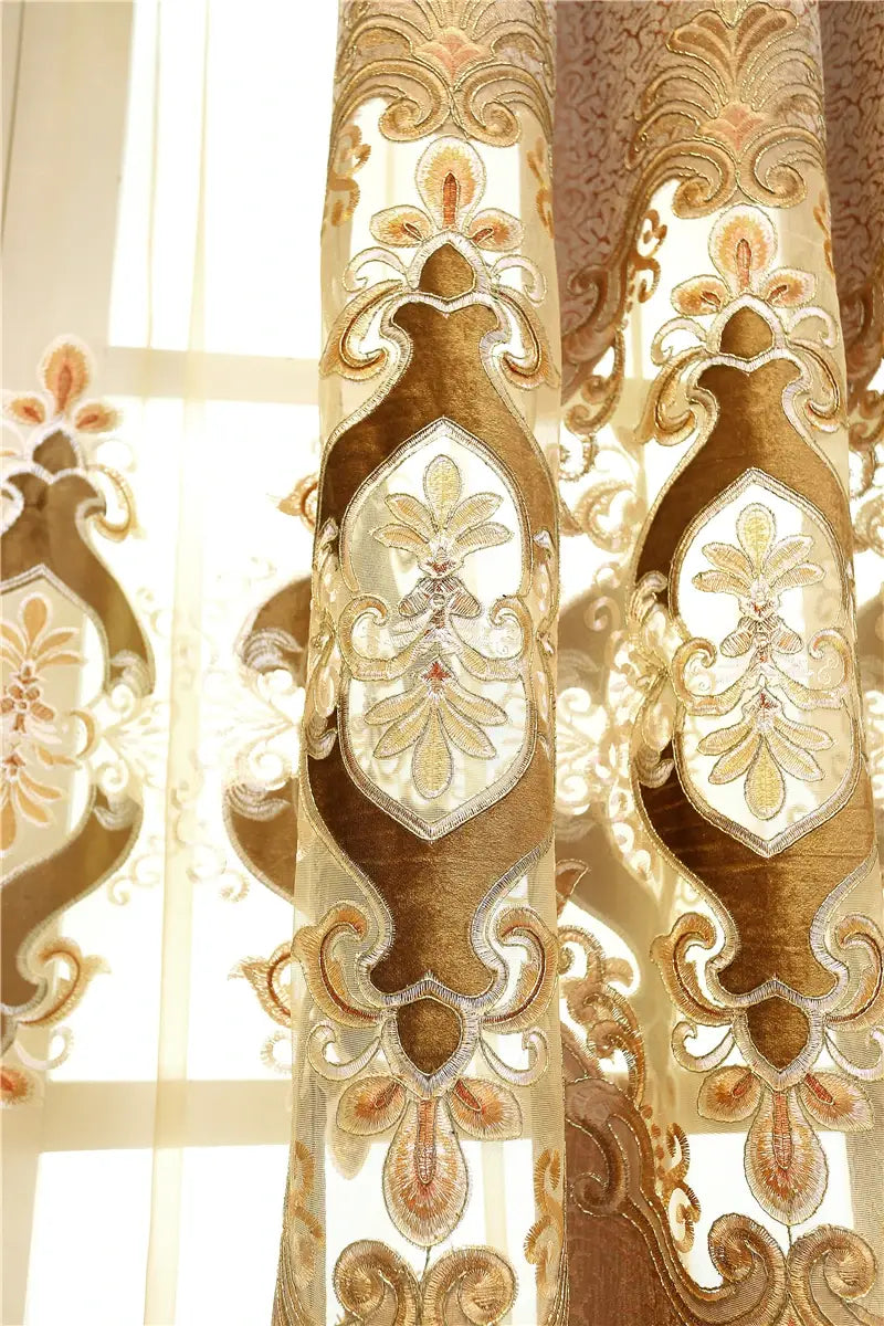 luxury gold and cream embroidered damask living room curtains with intricate floral patterns designed for french window use