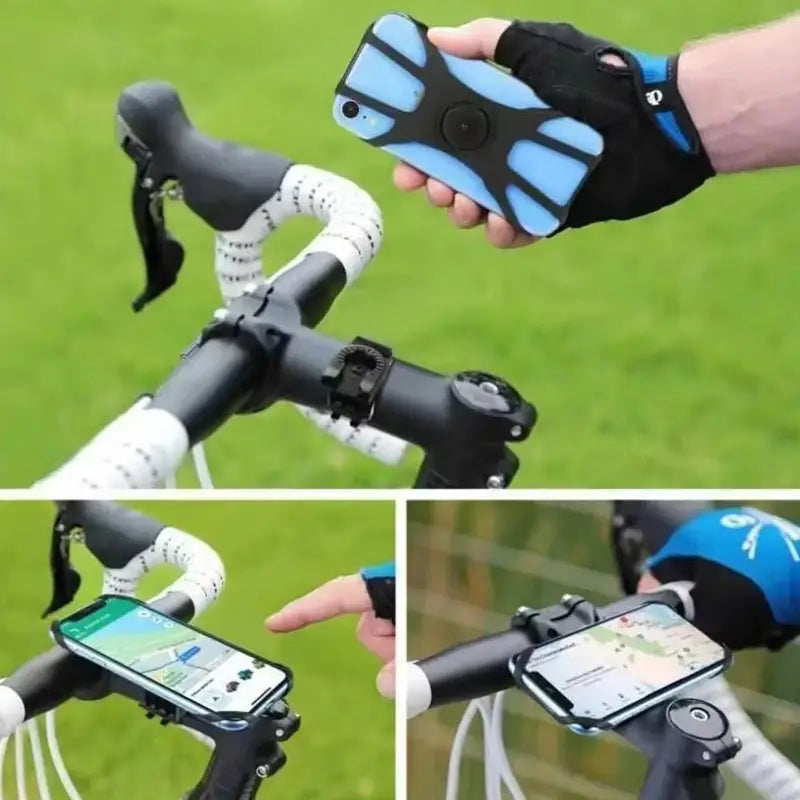 Soporte universal para teléfono de bicicleta de silicona azul y negro con un agarre circular central para una fijación segura en los manillares de la bicicleta.