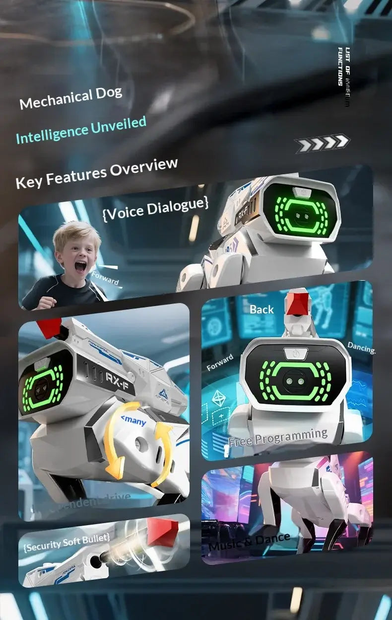 Interactive robotic dog toy with voice control in white and yellow featuring a sleek mechanical design and green glowing eyes.