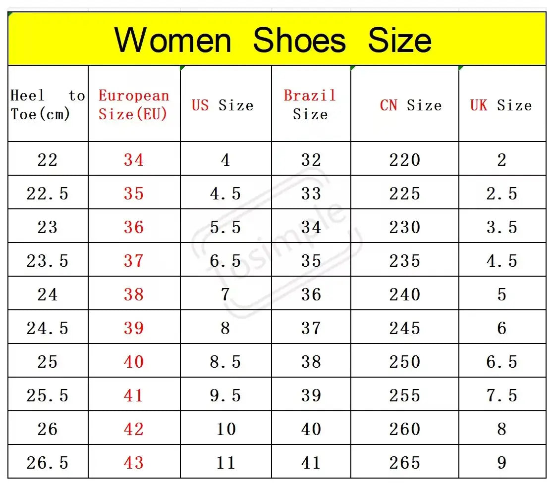 table jaune à texte noir indiquant les conversions de pointures de chaussures pour femmes à travers différents systèmes de tailles internationaux, pour des baskets décontractées en daim pour femmes, légères et respirantes, chaussures de tennis blanches